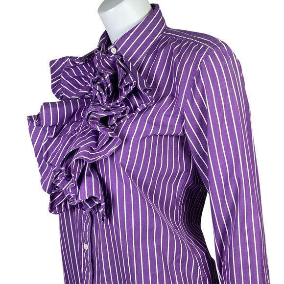 Lauren Ralph Lauren Ruffle Collar Button Up Shirt Womens S Cotton Purple Stripes - Picture 3 of 7